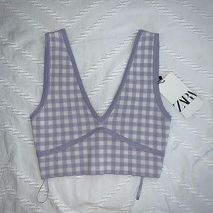 Purple and white checkered crop top ZARA